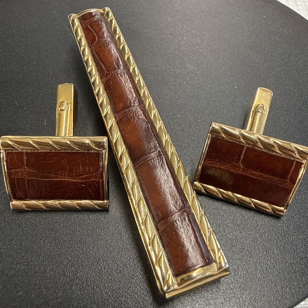 Vintage Swank Gold Tone Alligator Skin Cufflinks & Tie Bar Set 1960s Mid Century